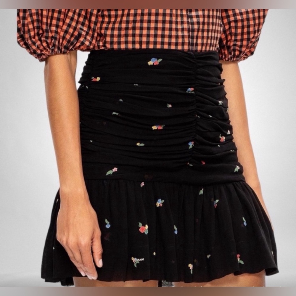 Ganni Ruched Floral-Print Georgette Mini Skirt
